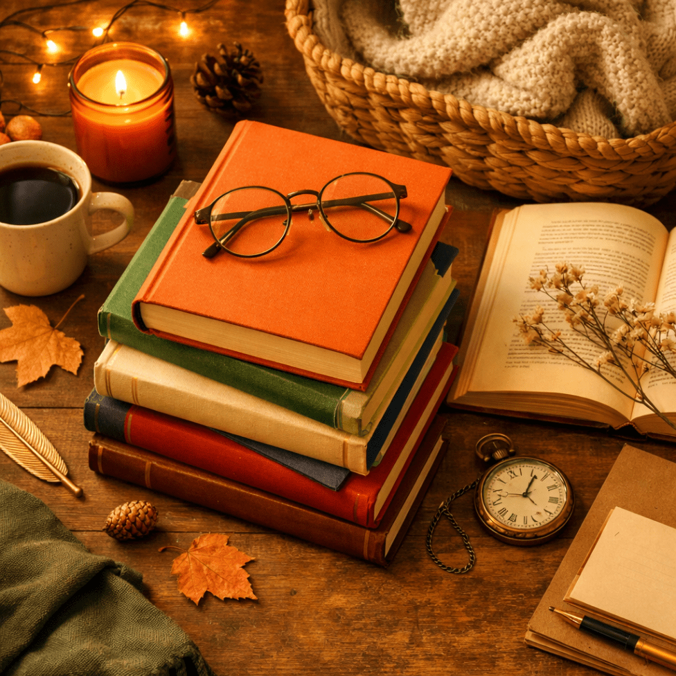 Cozy reading scene with stacked books and warm lighting
