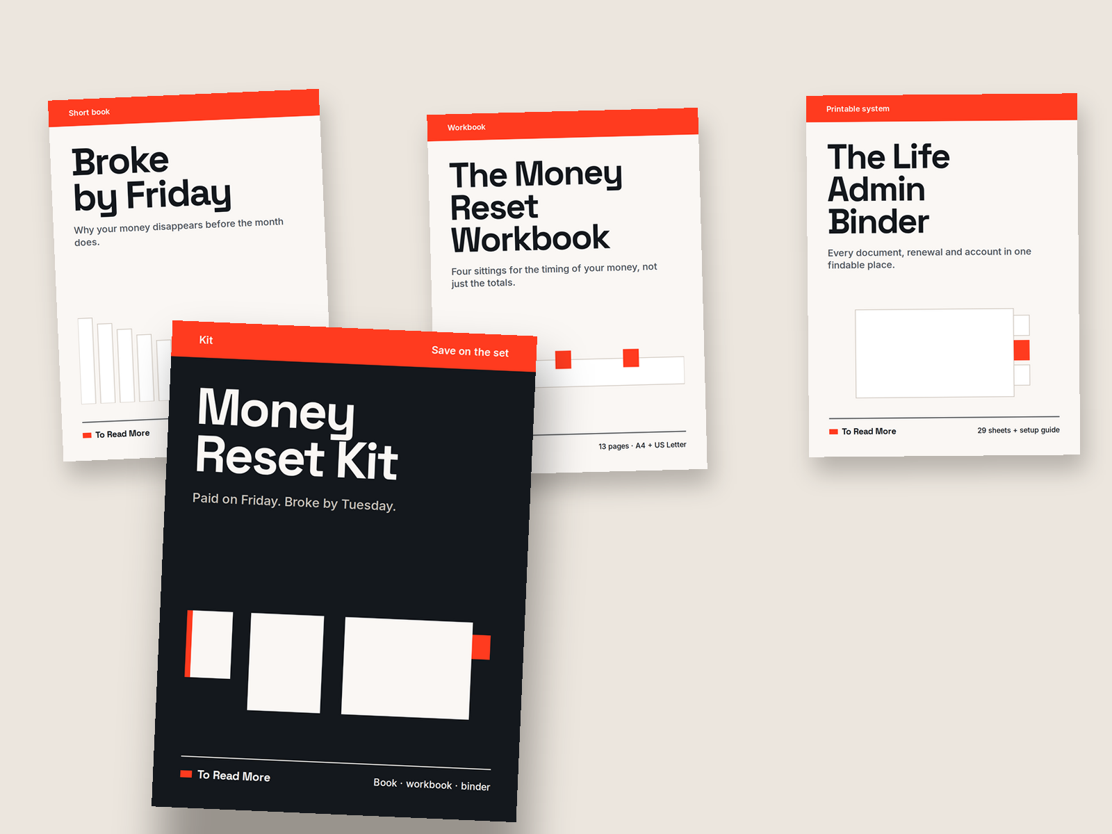 The Money Reset Kit with Broke by Friday, the Money Reset Workbook and the Life Admin Binder