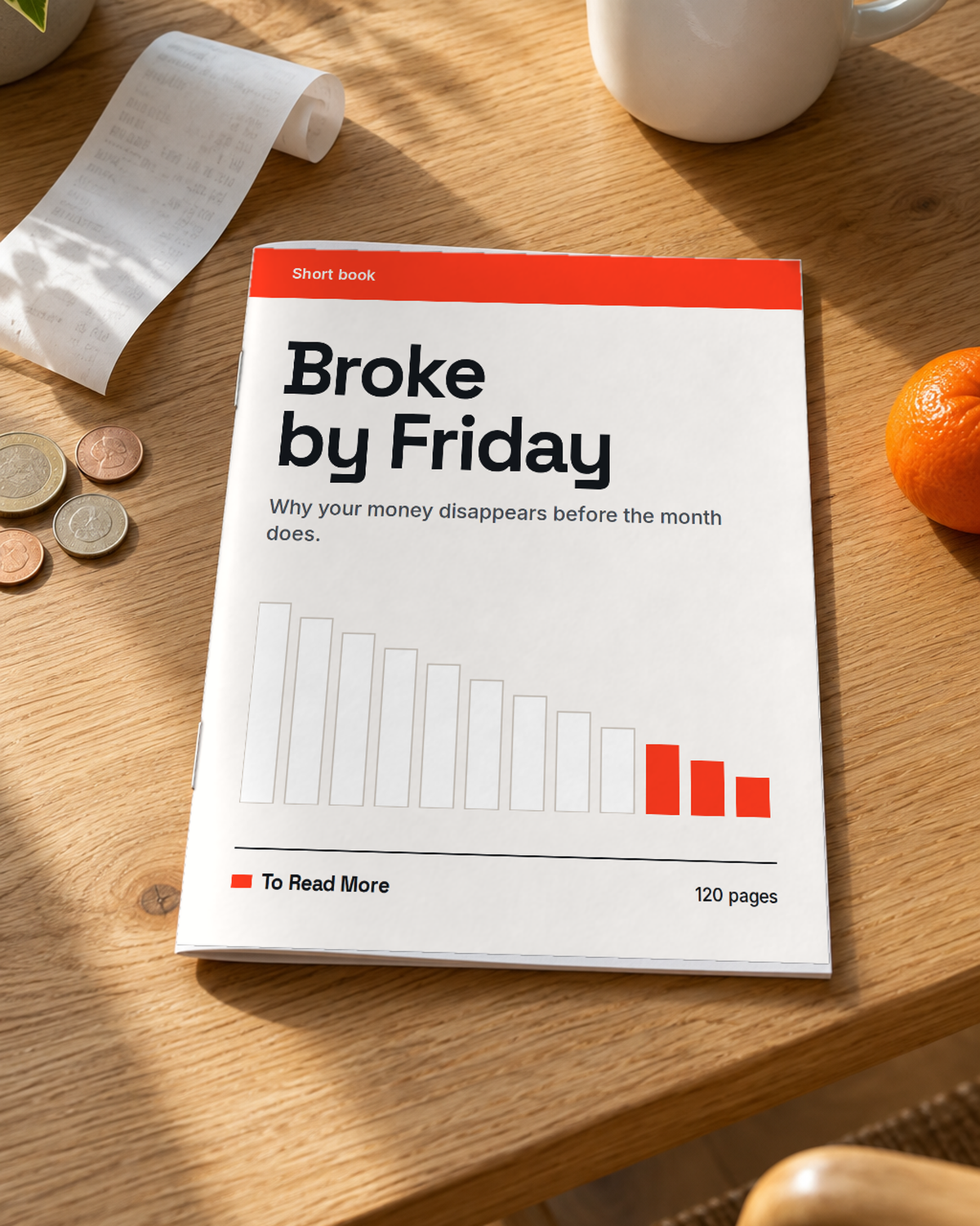 Broke by Friday, printed, on a kitchen table with coins and a receipt