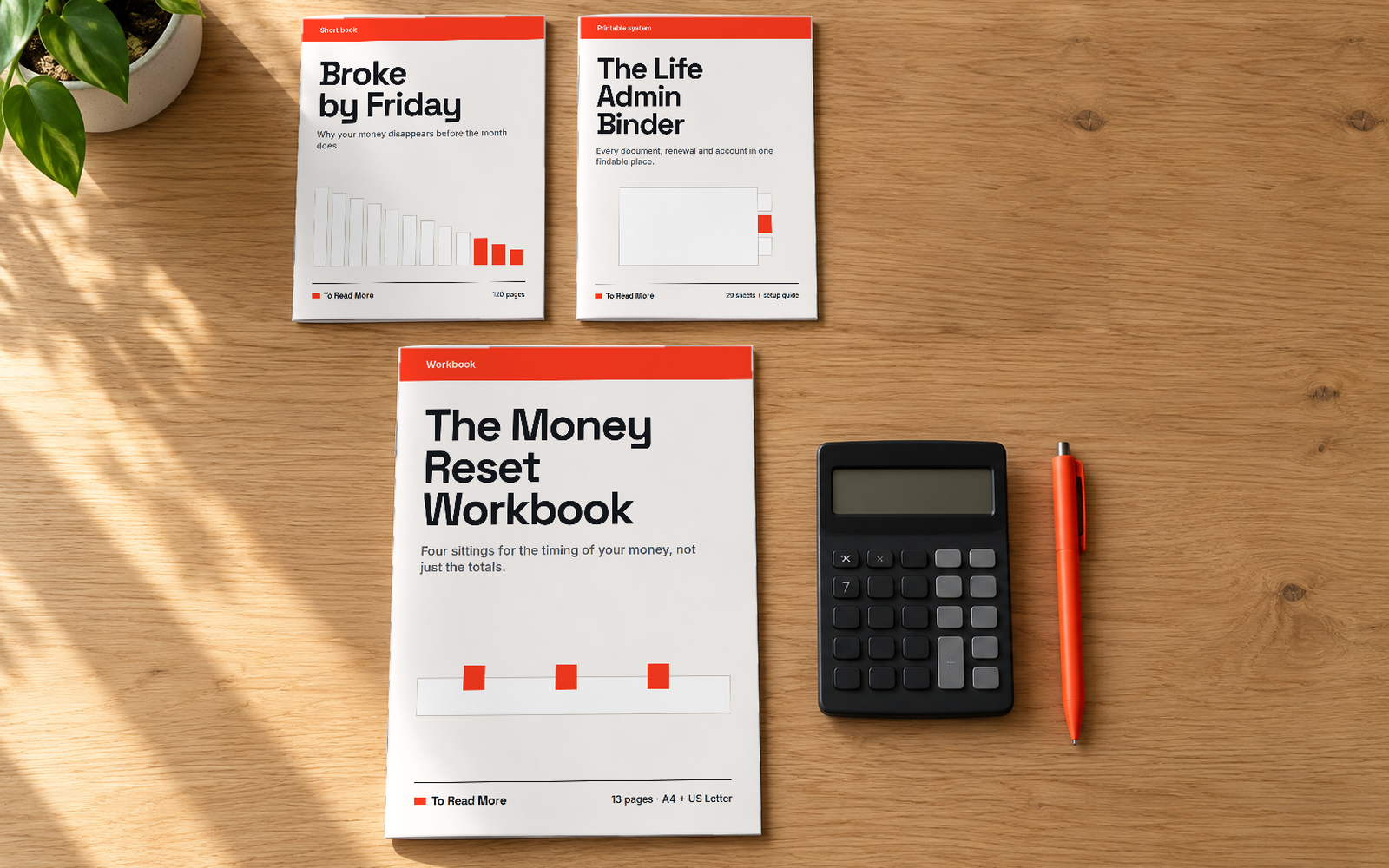 Everything in the Money Reset Kit, printed and laid out