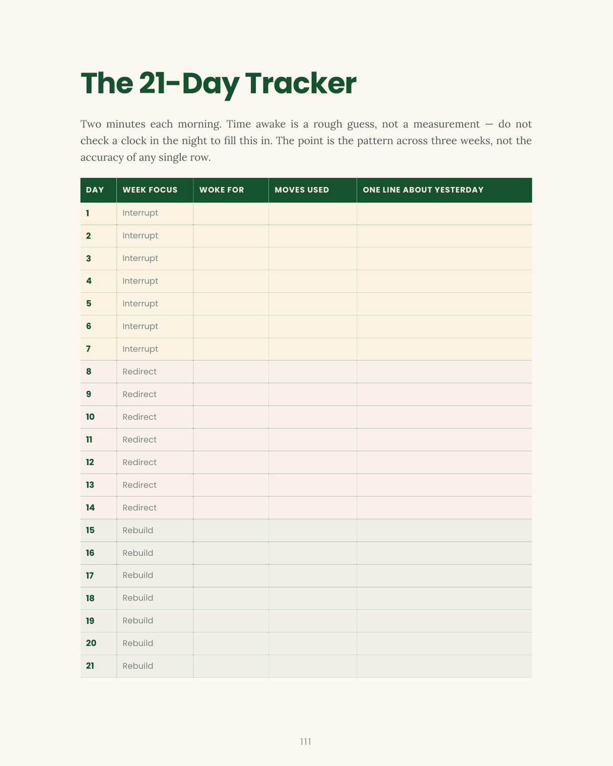 The 3AM Mind page: the 21-day tracker
