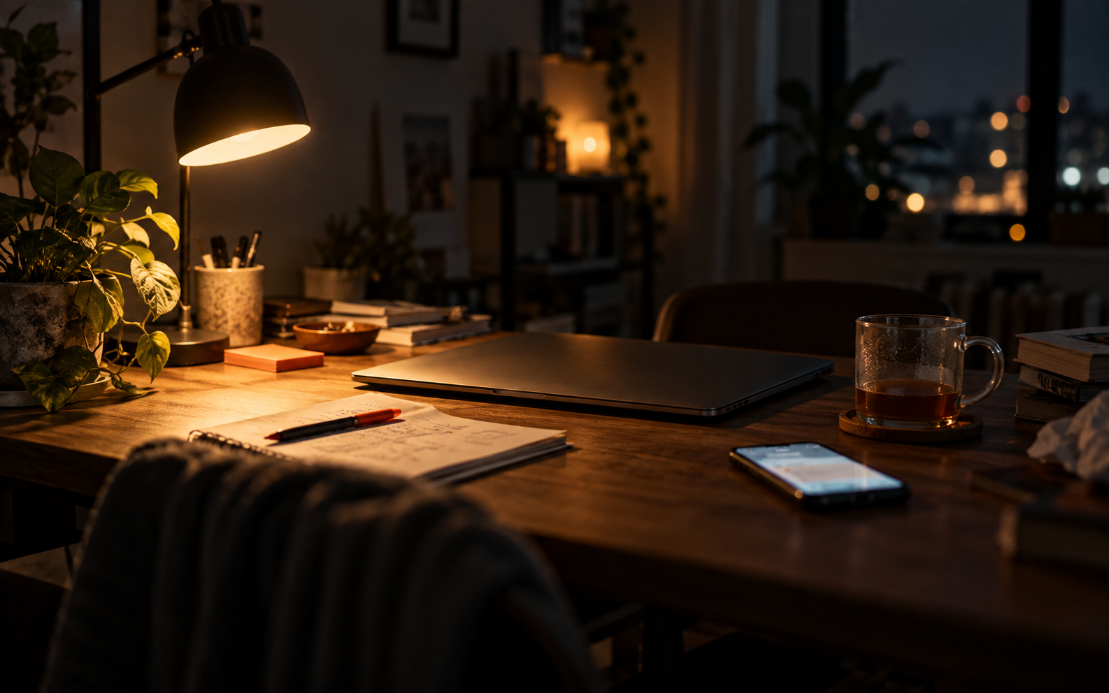 A desk late in the evening with an unopened laptop and a to-do list