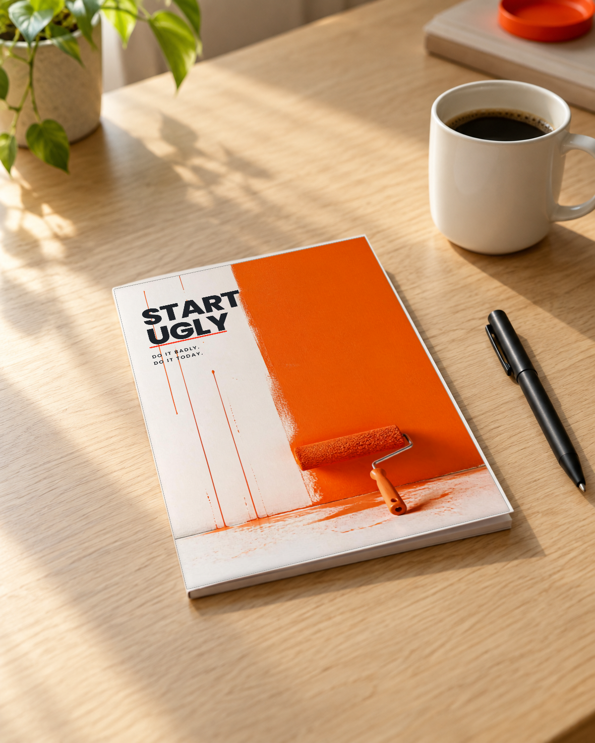 Start Ugly, printed, on a desk