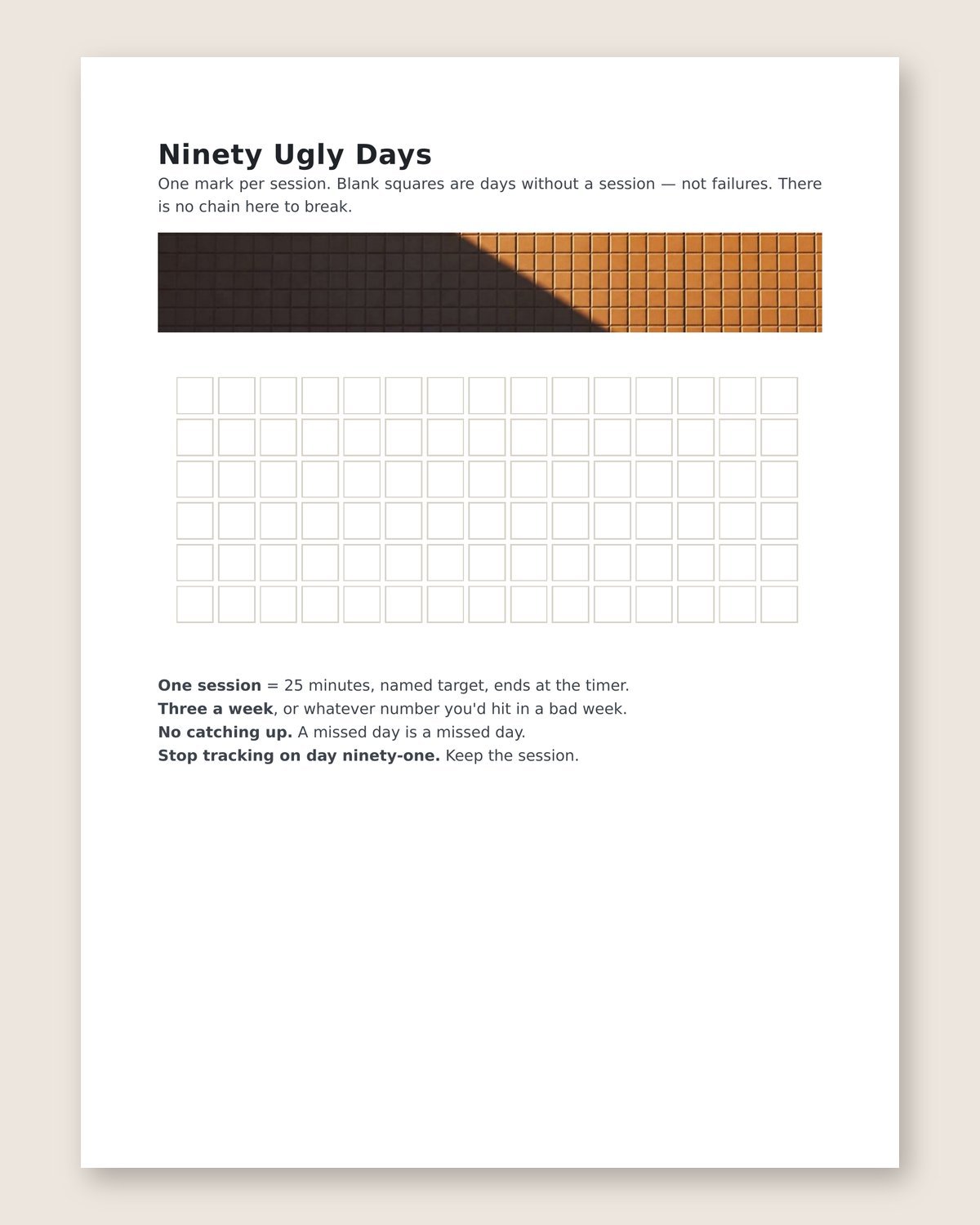 Start Ugly page: the Ninety Ugly Days tracker