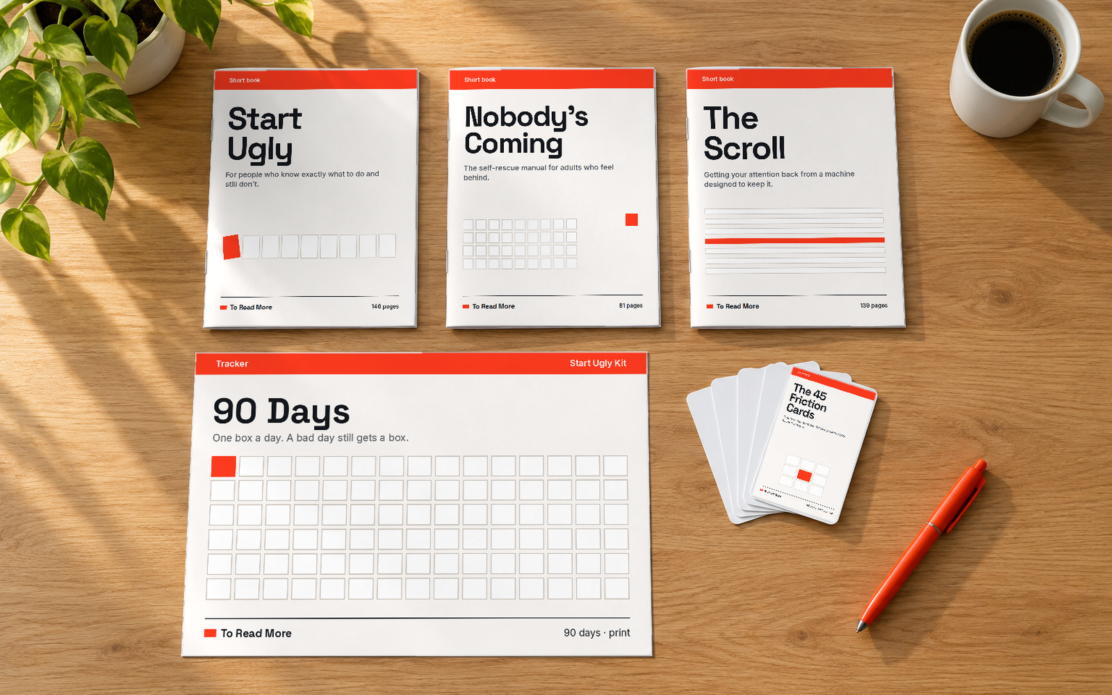 Everything in the Start Ugly Kit, printed and laid out