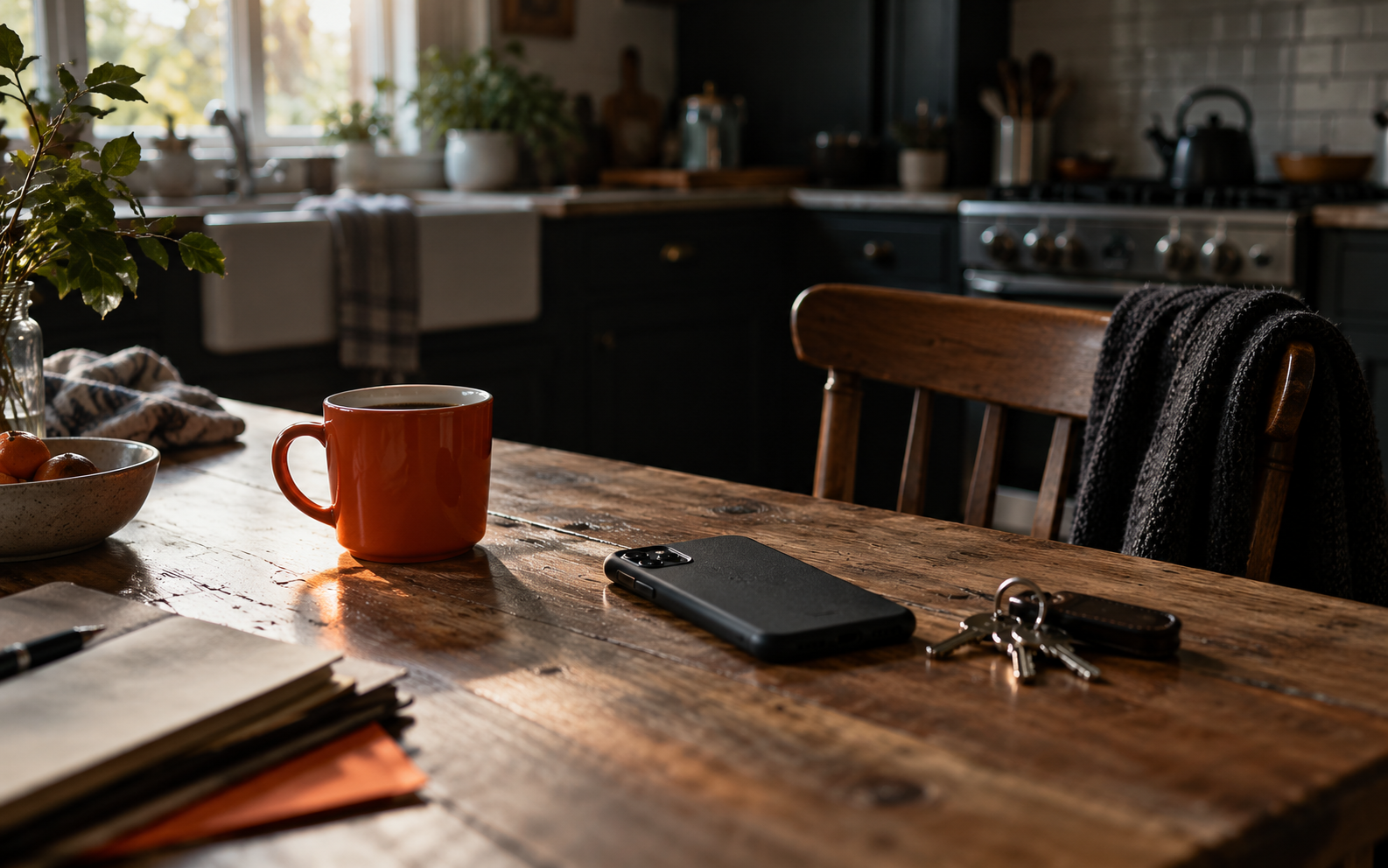 A phone face-down on a kitchen table beside a cold cup of coffee